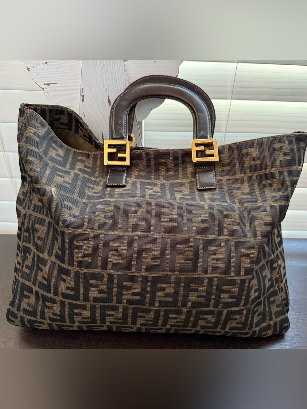 Fendi Brown Zucca Canvas Tote with Gold Hardware